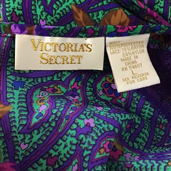 VTG Victoria's Secret Gold Label Lace Paisley Satin Print Nightgown Lingerie L - Picture 8 of 9